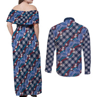 Polynesian Monstera Tiare Floral Couples Matching Off Shoulder Maxi Dress and Long Sleeve Button Shirt Royal Blue Tropical Plaid - Polynesian Pride