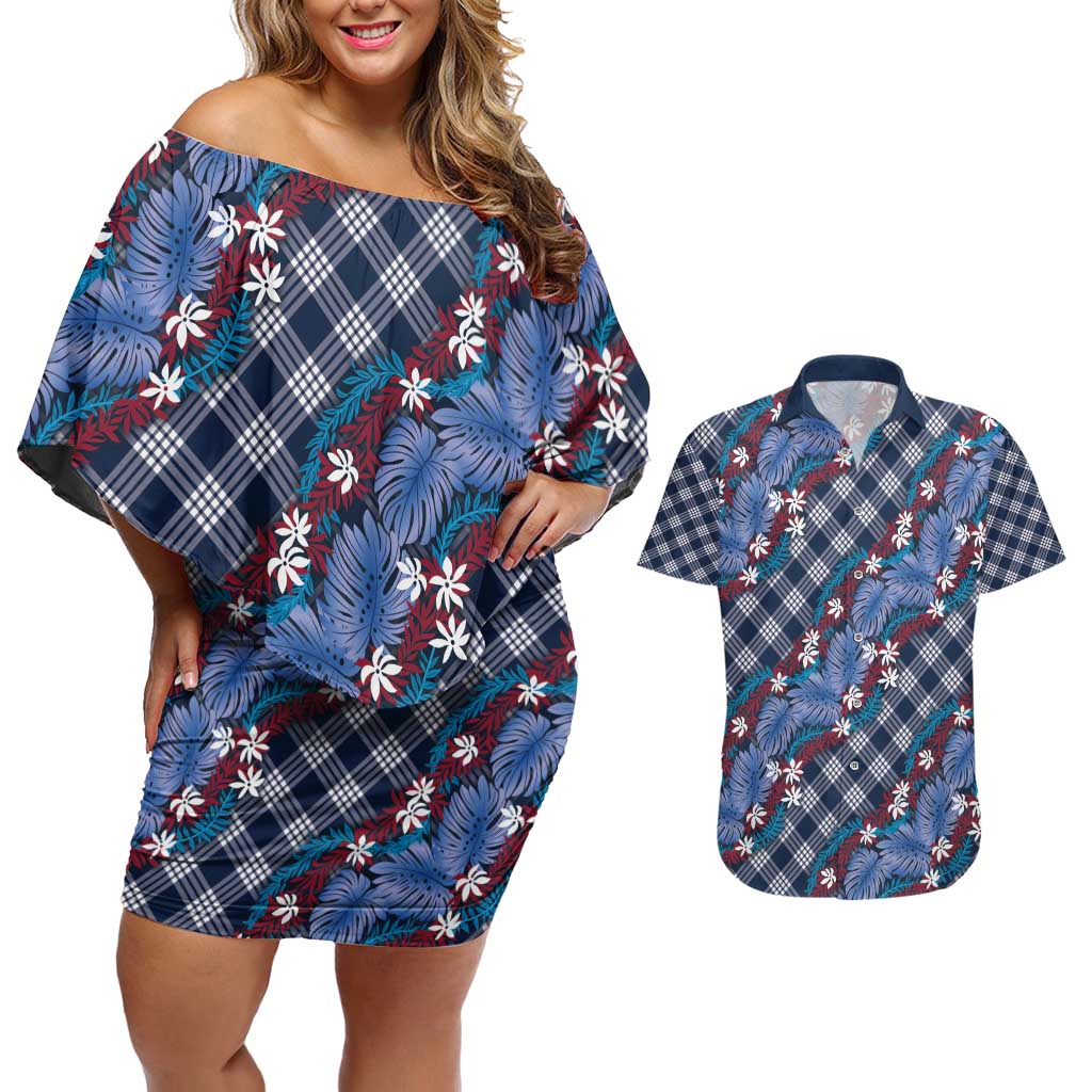 Polynesian Monstera Tiare Floral Couples Matching Off Shoulder Short Dress and Hawaiian Shirt Royal Blue Tropical Plaid - Polynesian Pride