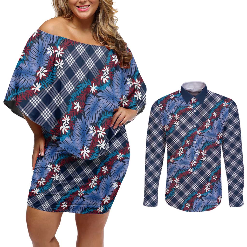 Polynesian Monstera Tiare Floral Couples Matching Off Shoulder Short Dress and Long Sleeve Button Shirt Royal Blue Tropical Plaid - Polynesian Pride