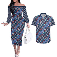 Polynesian Monstera Tiare Floral Couples Matching Off The Shoulder Long Sleeve Dress and Hawaiian Shirt Royal Blue Tropical Plaid - Polynesian Pride