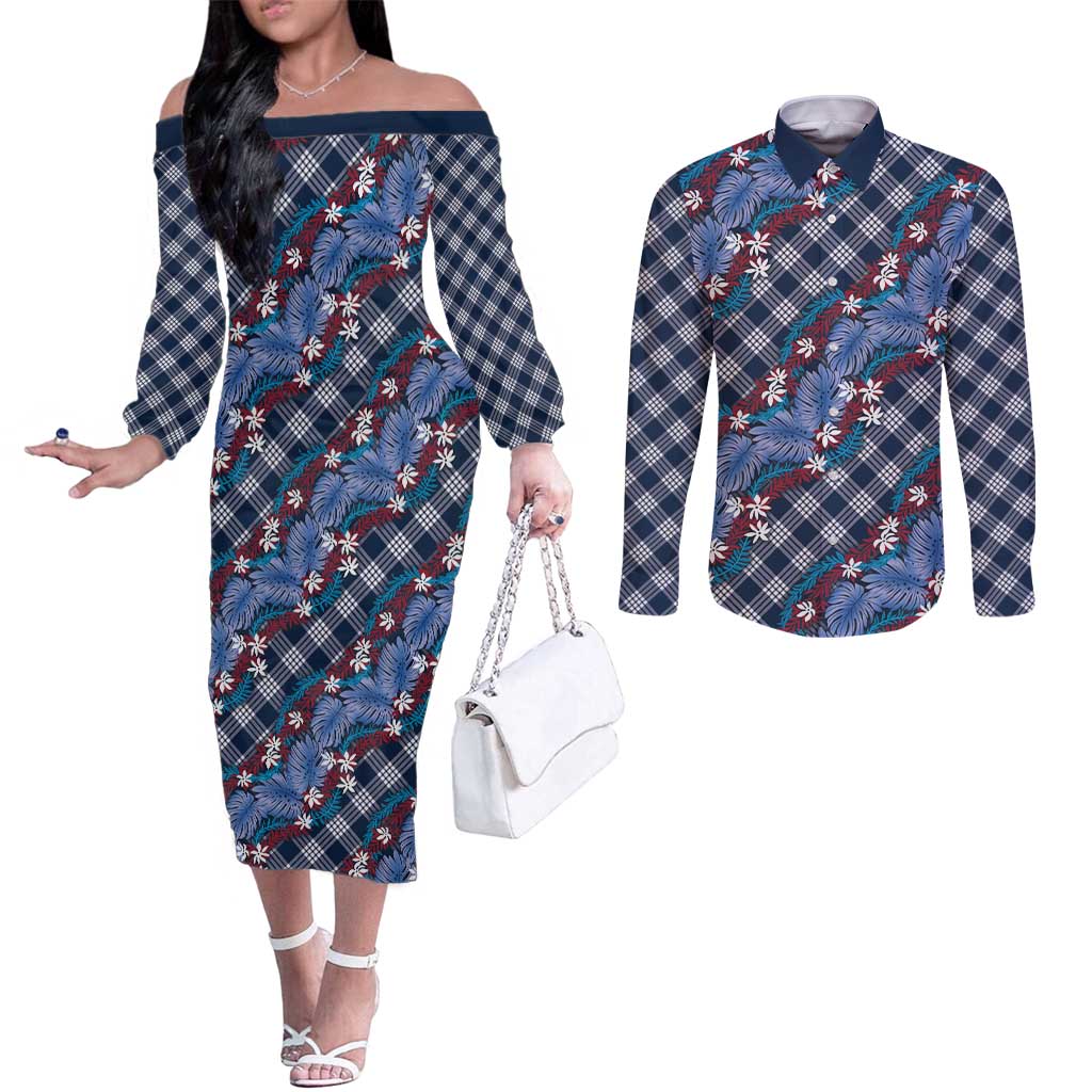 Polynesian Monstera Tiare Floral Couples Matching Off The Shoulder Long Sleeve Dress and Long Sleeve Button Shirt Royal Blue Tropical Plaid - Polynesian Pride