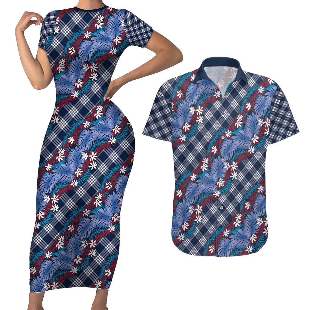 Polynesian Monstera Tiare Floral Couples Matching Short Sleeve Bodycon Dress and Hawaiian Shirt Royal Blue Tropical Plaid - Polynesian Pride
