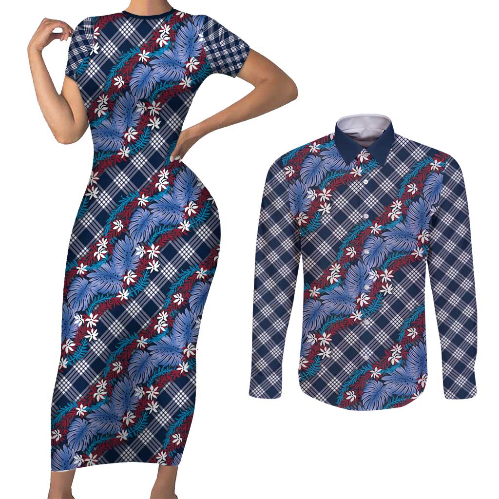 Polynesian Monstera Tiare Floral Couples Matching Short Sleeve Bodycon Dress and Long Sleeve Button Shirt Royal Blue Tropical Plaid - Polynesian Pride