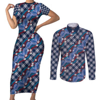 Polynesian Monstera Tiare Floral Couples Matching Short Sleeve Bodycon Dress and Long Sleeve Button Shirt Royal Blue Tropical Plaid - Polynesian Pride