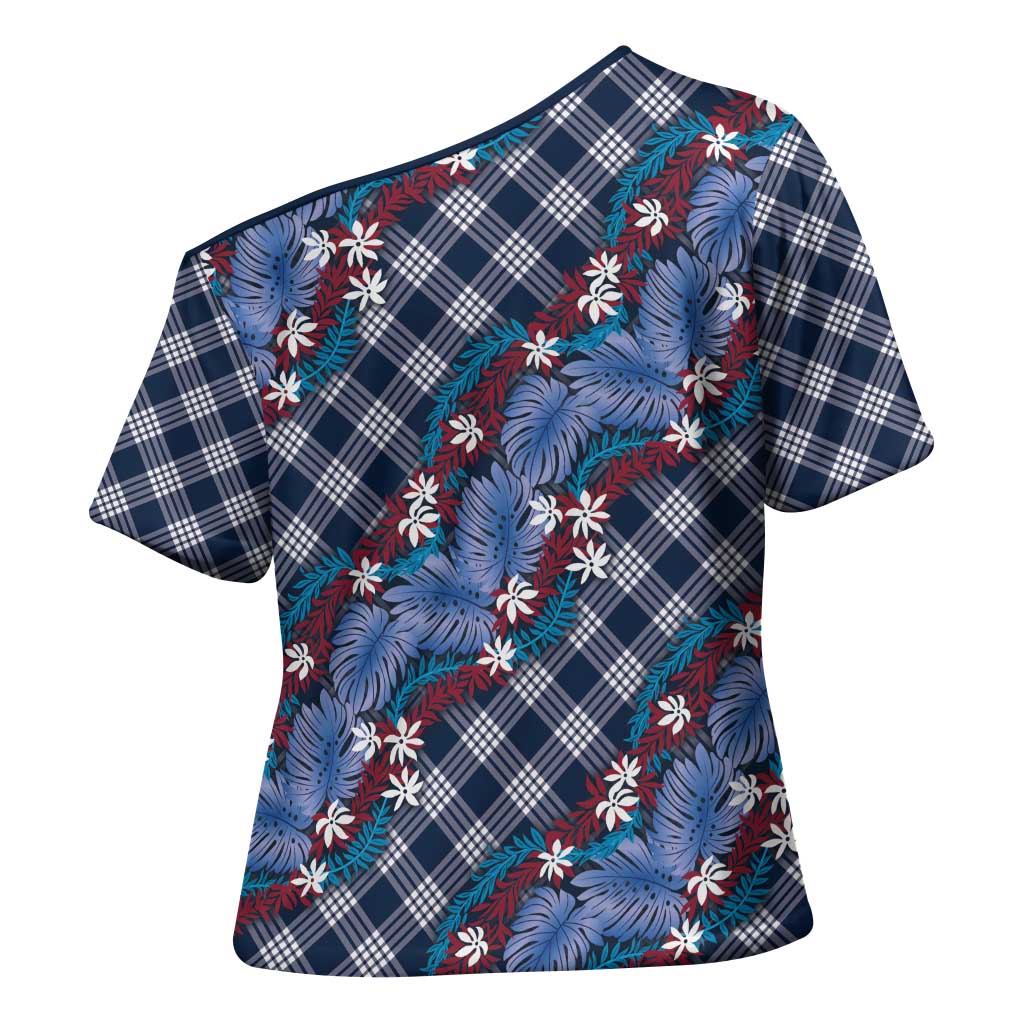 Polynesian Monstera Tiare Floral Cross Shoulder Shirt Royal Blue Tropical Plaid - Polynesian Pride