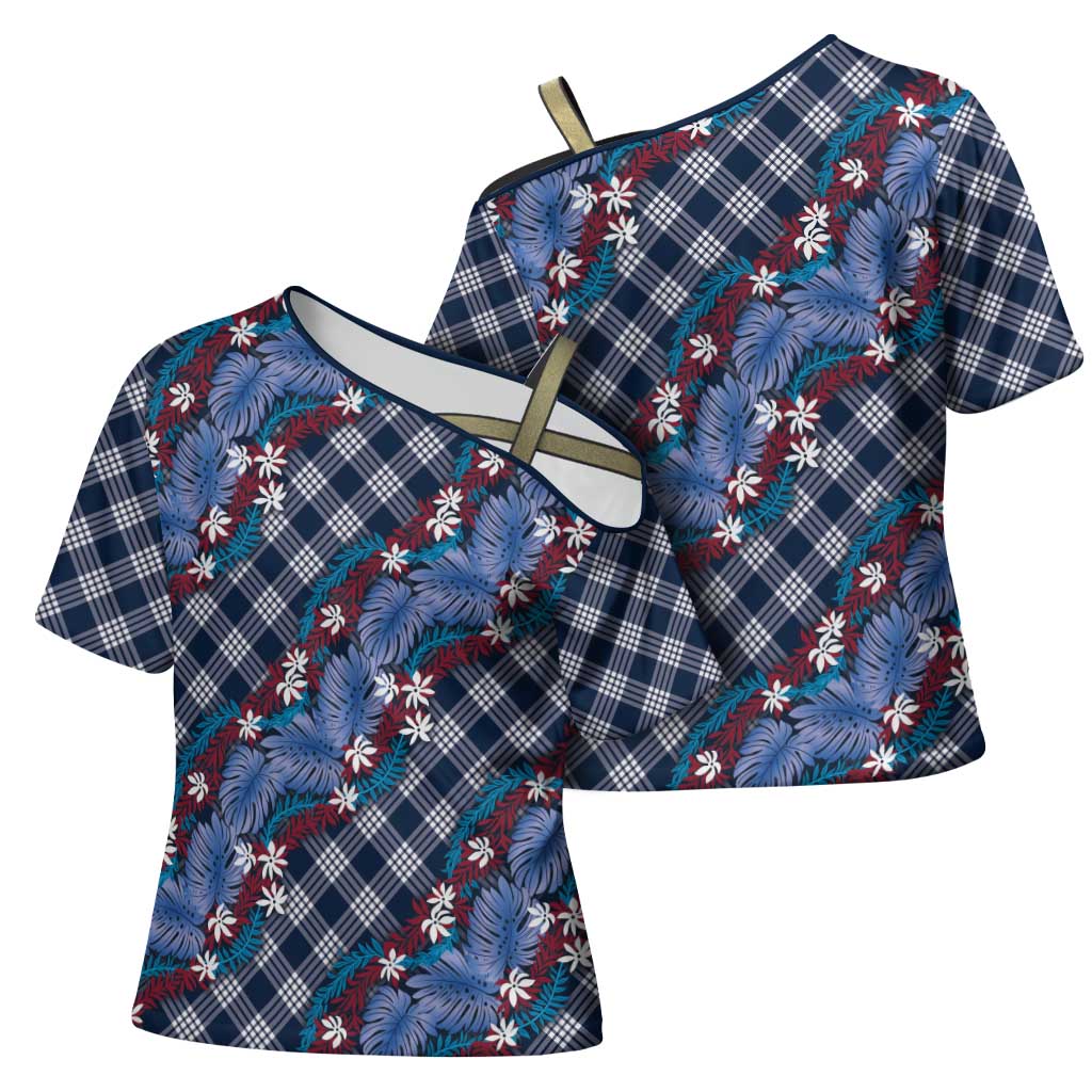 Polynesian Monstera Tiare Floral Cross Shoulder Shirt Royal Blue Tropical Plaid - Polynesian Pride
