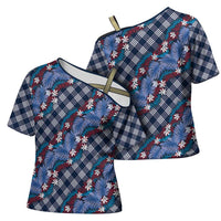 Polynesian Monstera Tiare Floral Cross Shoulder Shirt Royal Blue Tropical Plaid - Polynesian Pride