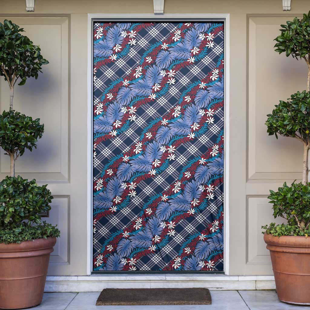 Polynesian Monstera Tiare Floral Door Cover Royal Blue Tropical Plaid - Polynesian Pride