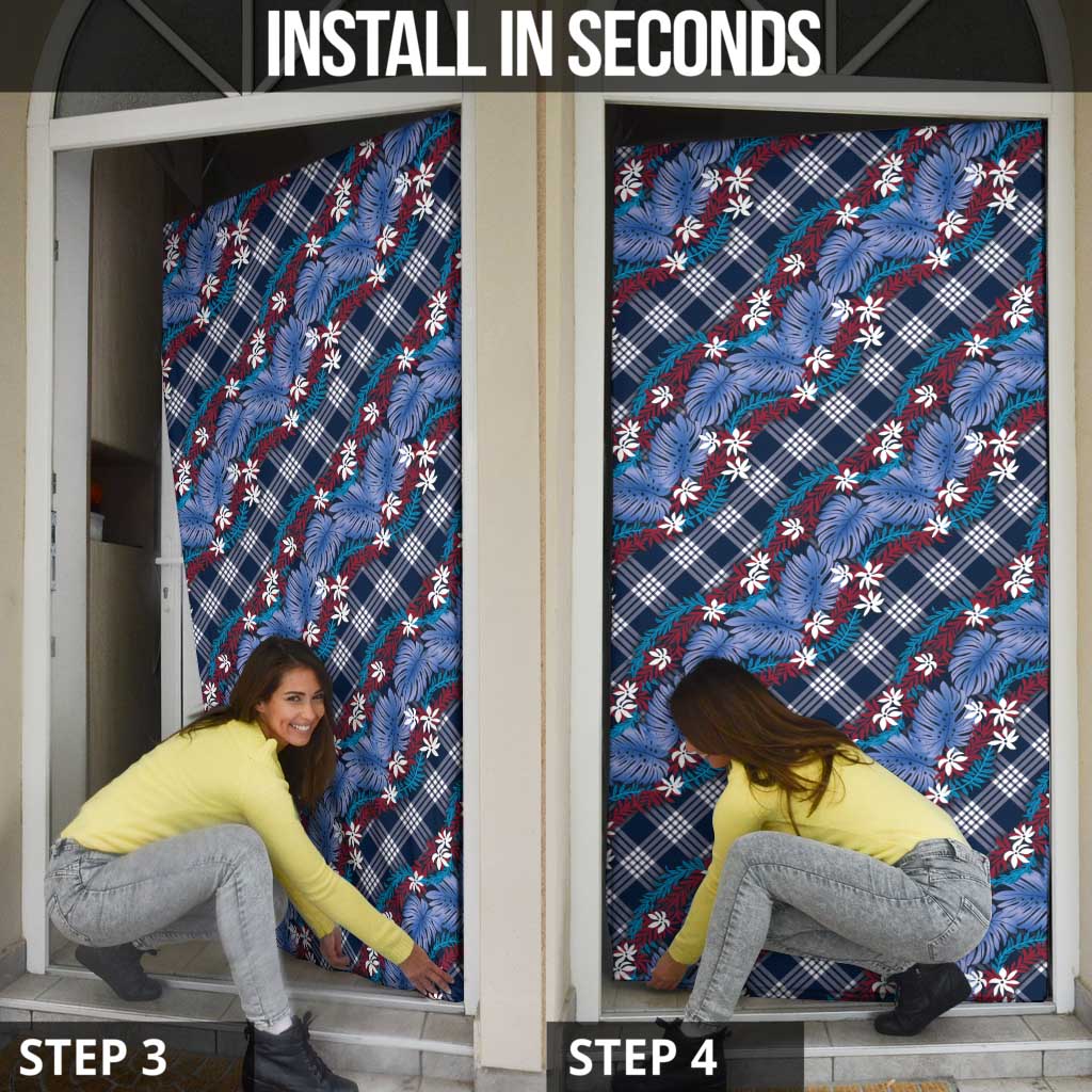 Polynesian Monstera Tiare Floral Door Cover Royal Blue Tropical Plaid - Polynesian Pride