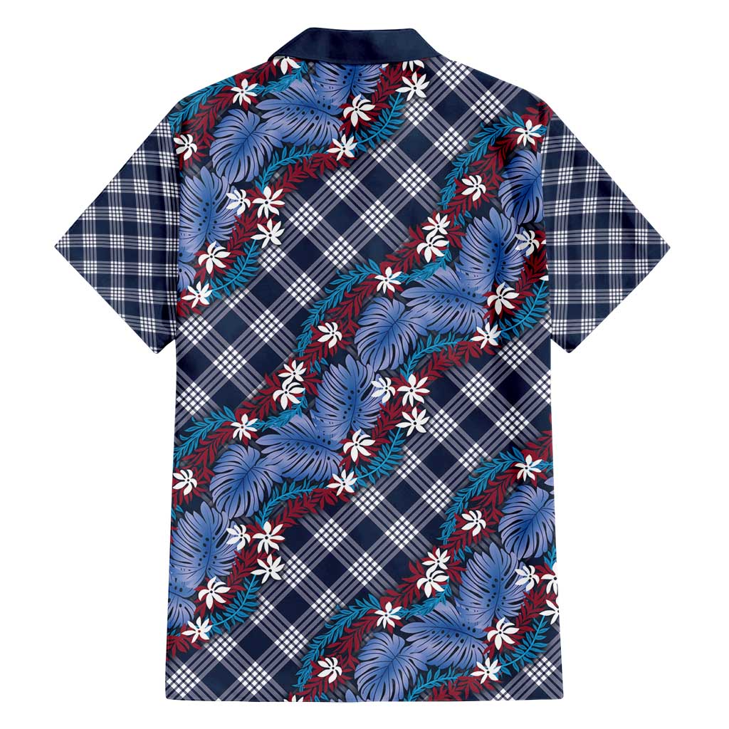Polynesian Monstera Tiare Floral Family Matching Long Sleeve Bodycon Dress and Hawaiian Shirt Royal Blue Tropical Plaid - Polynesian Pride