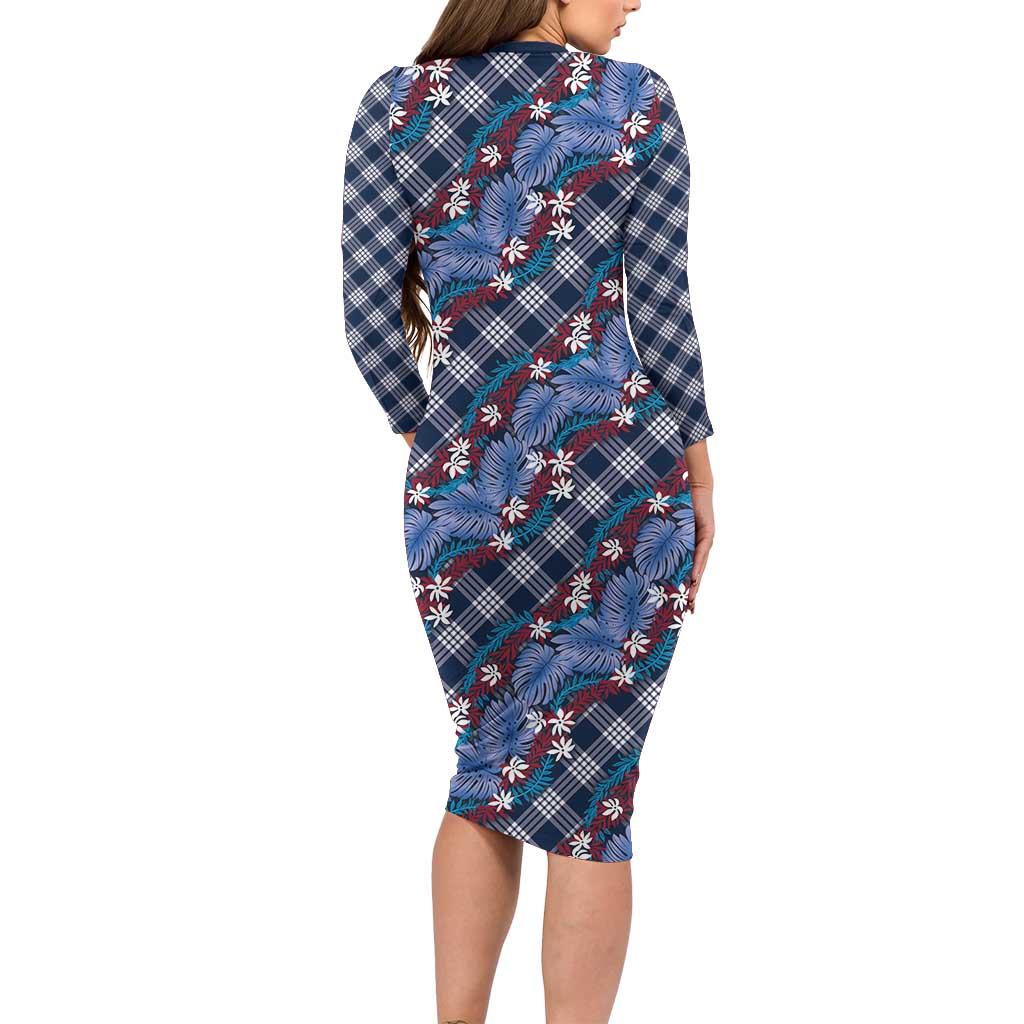 Polynesian Monstera Tiare Floral Family Matching Long Sleeve Bodycon Dress and Hawaiian Shirt Royal Blue Tropical Plaid - Polynesian Pride