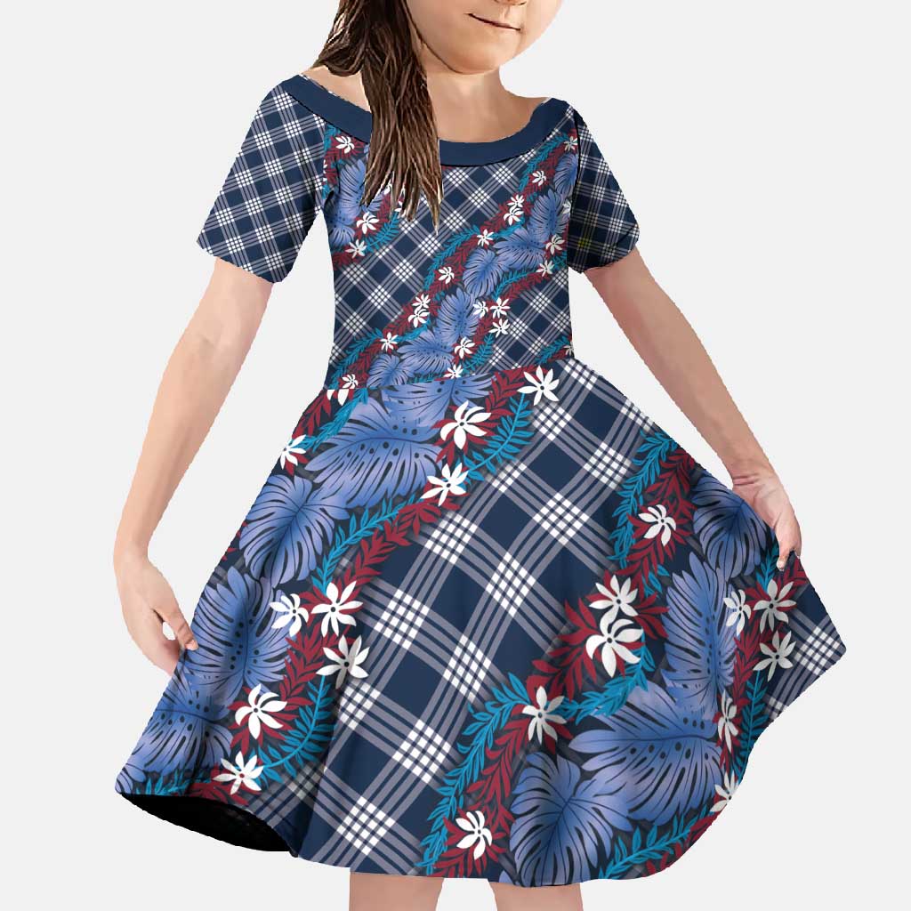 Polynesian Monstera Tiare Floral Family Matching Mermaid Dress and Hawaiian Shirt Royal Blue Tropical Plaid - Polynesian Pride