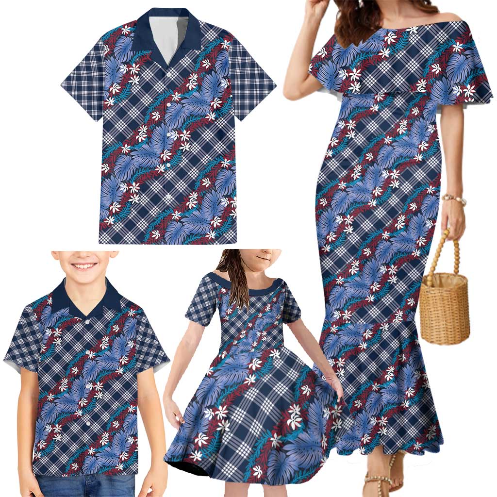 Polynesian Monstera Tiare Floral Family Matching Mermaid Dress and Hawaiian Shirt Royal Blue Tropical Plaid - Polynesian Pride
