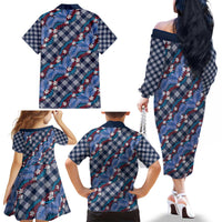 Polynesian Monstera Tiare Floral Family Matching Off The Shoulder Long Sleeve Dress and Hawaiian Shirt Royal Blue Tropical Plaid - Polynesian Pride