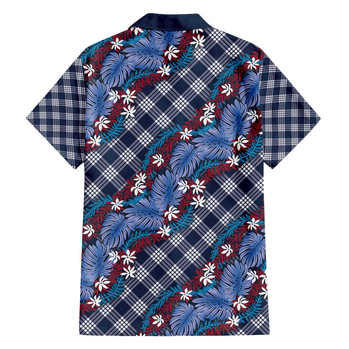 Polynesian Monstera Tiare Floral Family Matching Off The Shoulder Long Sleeve Dress and Hawaiian Shirt Royal Blue Tropical Plaid - Polynesian Pride