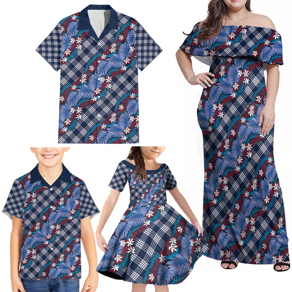 Polynesian Monstera Tiare Floral Family Matching Off Shoulder Maxi Dress and Hawaiian Shirt Royal Blue Tropical Plaid - Polynesian Pride