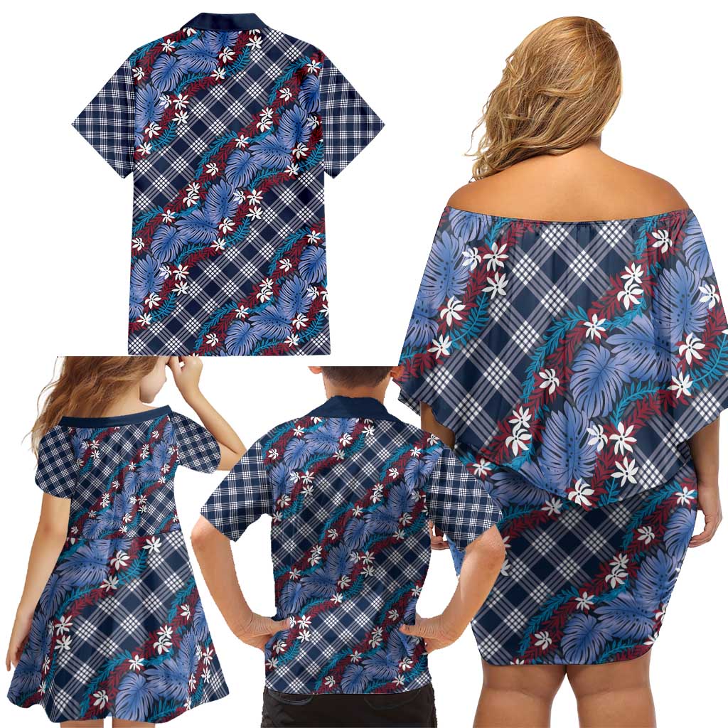 Polynesian Monstera Tiare Floral Family Matching Off Shoulder Short Dress and Hawaiian Shirt Royal Blue Tropical Plaid - Polynesian Pride