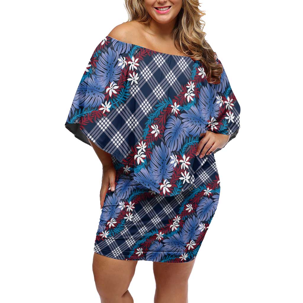 Polynesian Monstera Tiare Floral Family Matching Off Shoulder Short Dress and Hawaiian Shirt Royal Blue Tropical Plaid - Polynesian Pride