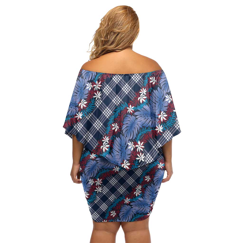 Polynesian Monstera Tiare Floral Family Matching Off Shoulder Short Dress and Hawaiian Shirt Royal Blue Tropical Plaid - Polynesian Pride
