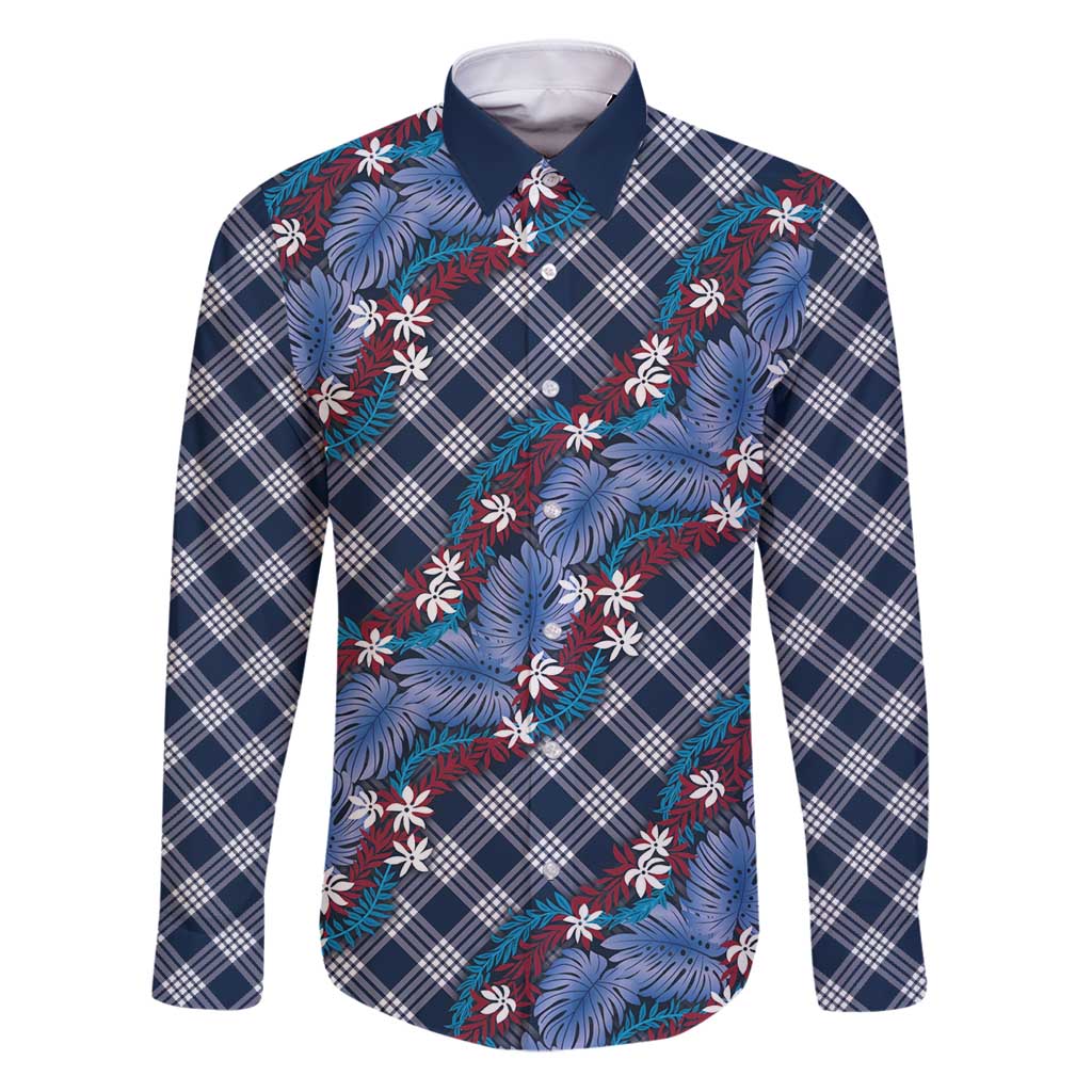 Polynesian Monstera Tiare Floral Family Matching Puletasi and Hawaiian Shirt Royal Blue Tropical Plaid - Polynesian Pride