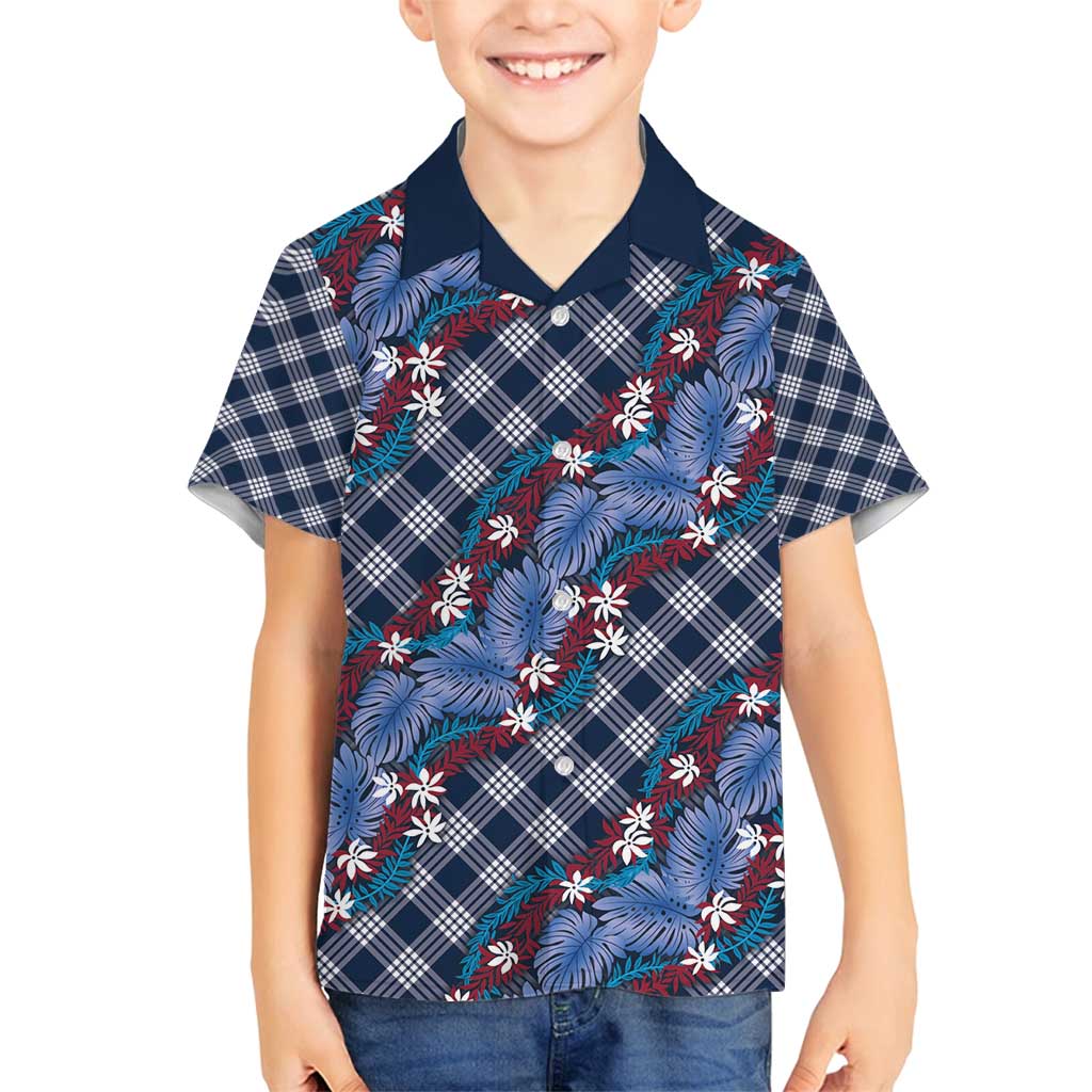 Polynesian Monstera Tiare Floral Family Matching Puletasi and Hawaiian Shirt Royal Blue Tropical Plaid - Polynesian Pride