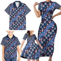 Polynesian Monstera Tiare Floral Family Matching Short Sleeve Bodycon Dress and Hawaiian Shirt Royal Blue Tropical Plaid - Polynesian Pride
