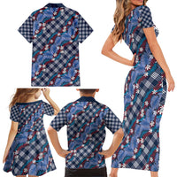 Polynesian Monstera Tiare Floral Family Matching Short Sleeve Bodycon Dress and Hawaiian Shirt Royal Blue Tropical Plaid - Polynesian Pride