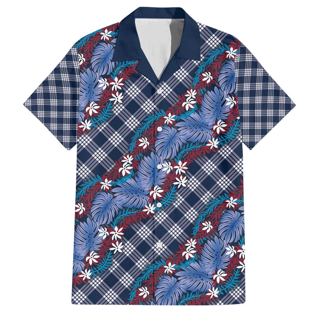 Polynesian Monstera Tiare Floral Family Matching Short Sleeve Bodycon Dress and Hawaiian Shirt Royal Blue Tropical Plaid - Polynesian Pride