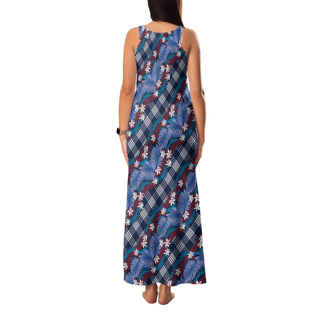 Polynesian Monstera Tiare Floral Family Matching Tank Maxi Dress and Hawaiian Shirt Royal Blue Tropical Plaid - Polynesian Pride
