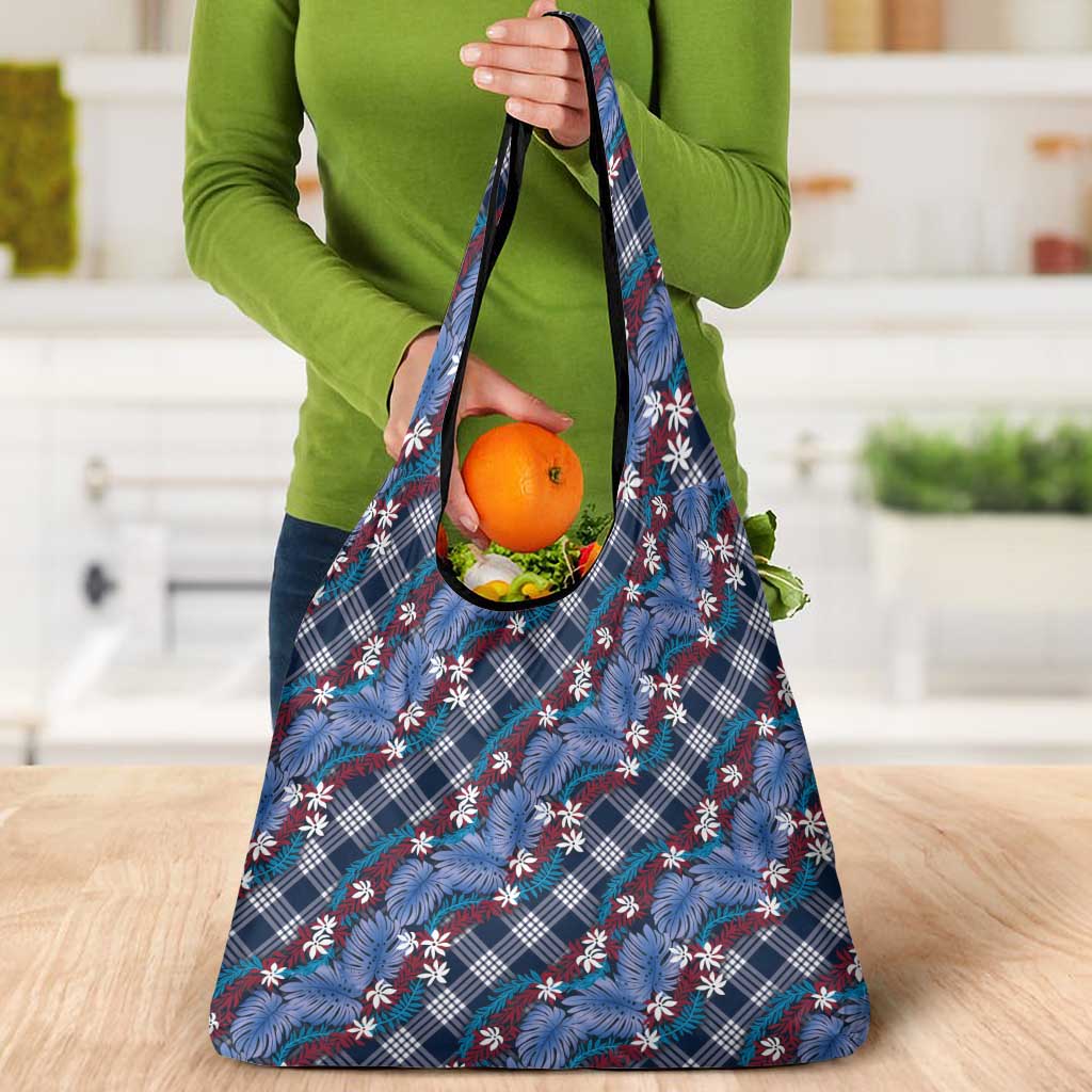Polynesian Monstera Tiare Floral Grocery Bag Royal Blue Tropical Plaid - Polynesian Pride