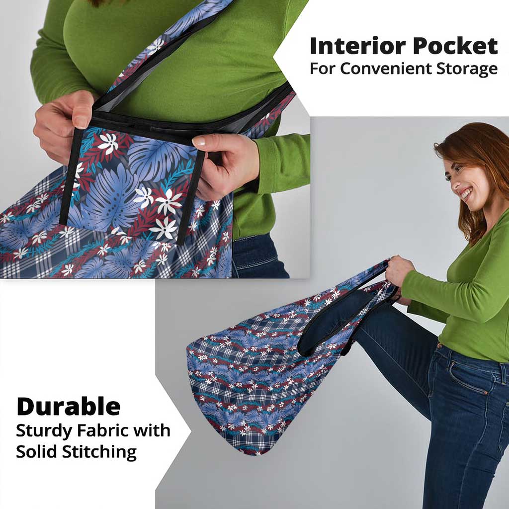 Polynesian Monstera Tiare Floral Grocery Bag Royal Blue Tropical Plaid - Polynesian Pride