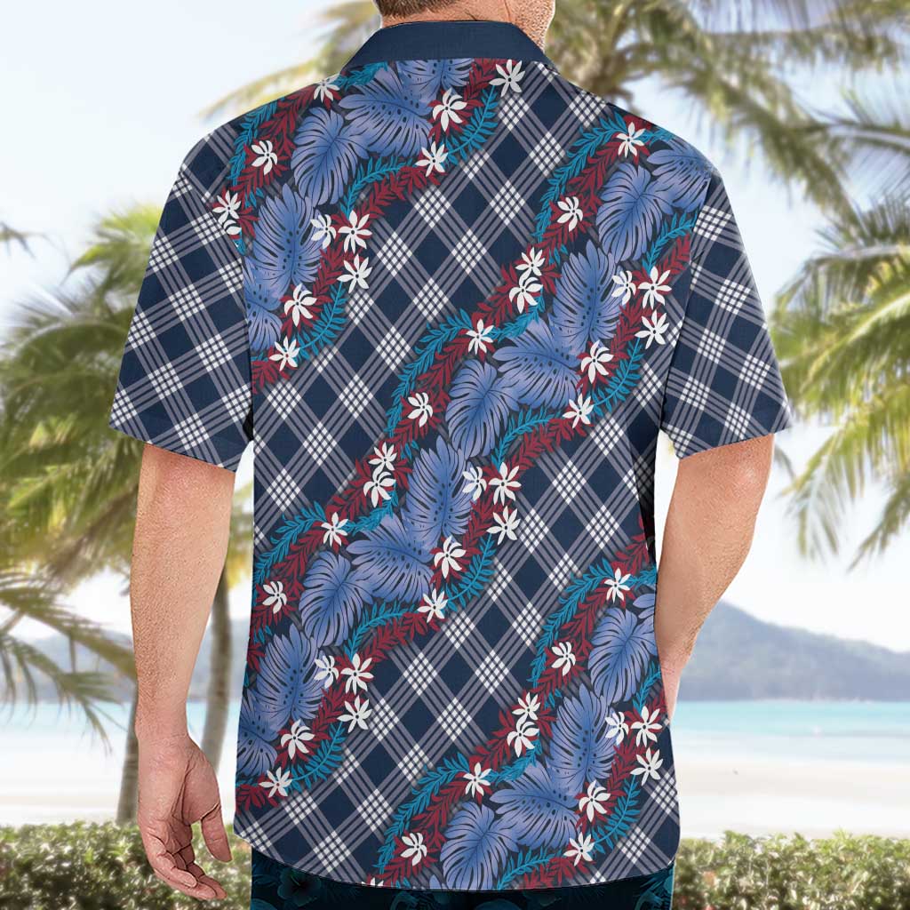 Polynesian Monstera Tiare Floral Hawaiian Shirt Royal Blue Tropical Plaid - Polynesian Pride