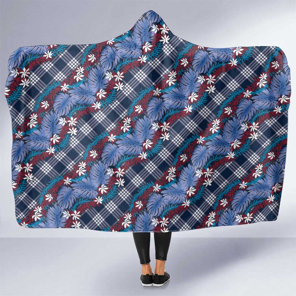 Polynesian Monstera Tiare Floral Hooded Blanket Royal Blue Tropical Plaid - Polynesian Pride