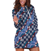 Polynesian Monstera Tiare Floral Hoodie Dress Royal Blue Tropical Plaid - Polynesian Pride