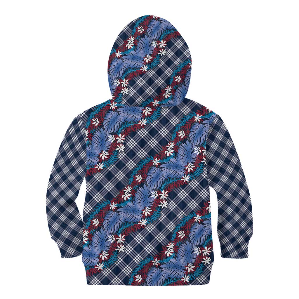 Polynesian Monstera Tiare Floral Kid Hoodie Royal Blue Tropical Plaid - Polynesian Pride