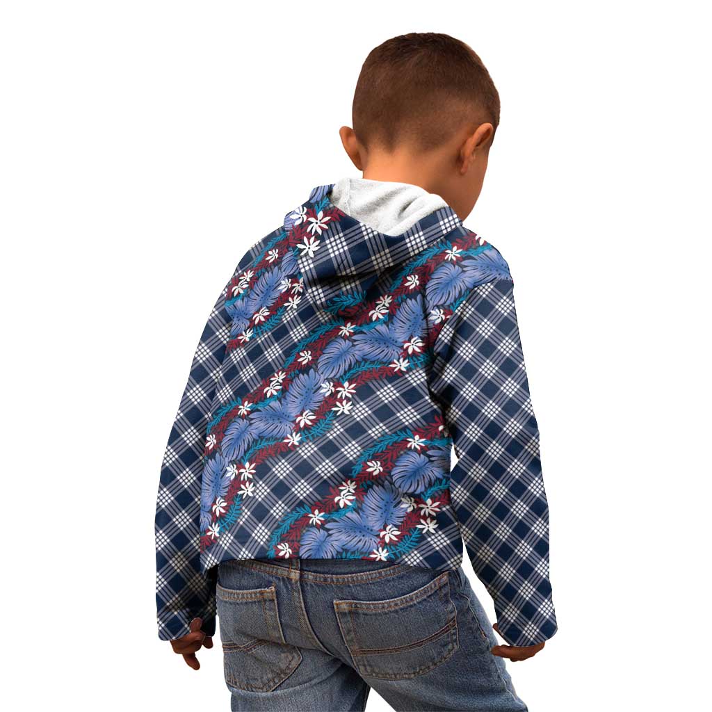Polynesian Monstera Tiare Floral Kid Hoodie Royal Blue Tropical Plaid - Polynesian Pride