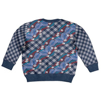 Polynesian Monstera Tiare Floral Kid Ugly Christmas Sweater Royal Blue Tropical Plaid - Polynesian Pride