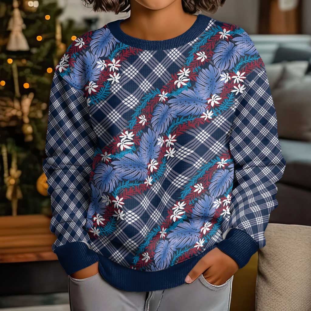 Polynesian Monstera Tiare Floral Kid Ugly Christmas Sweater Royal Blue Tropical Plaid - Polynesian Pride