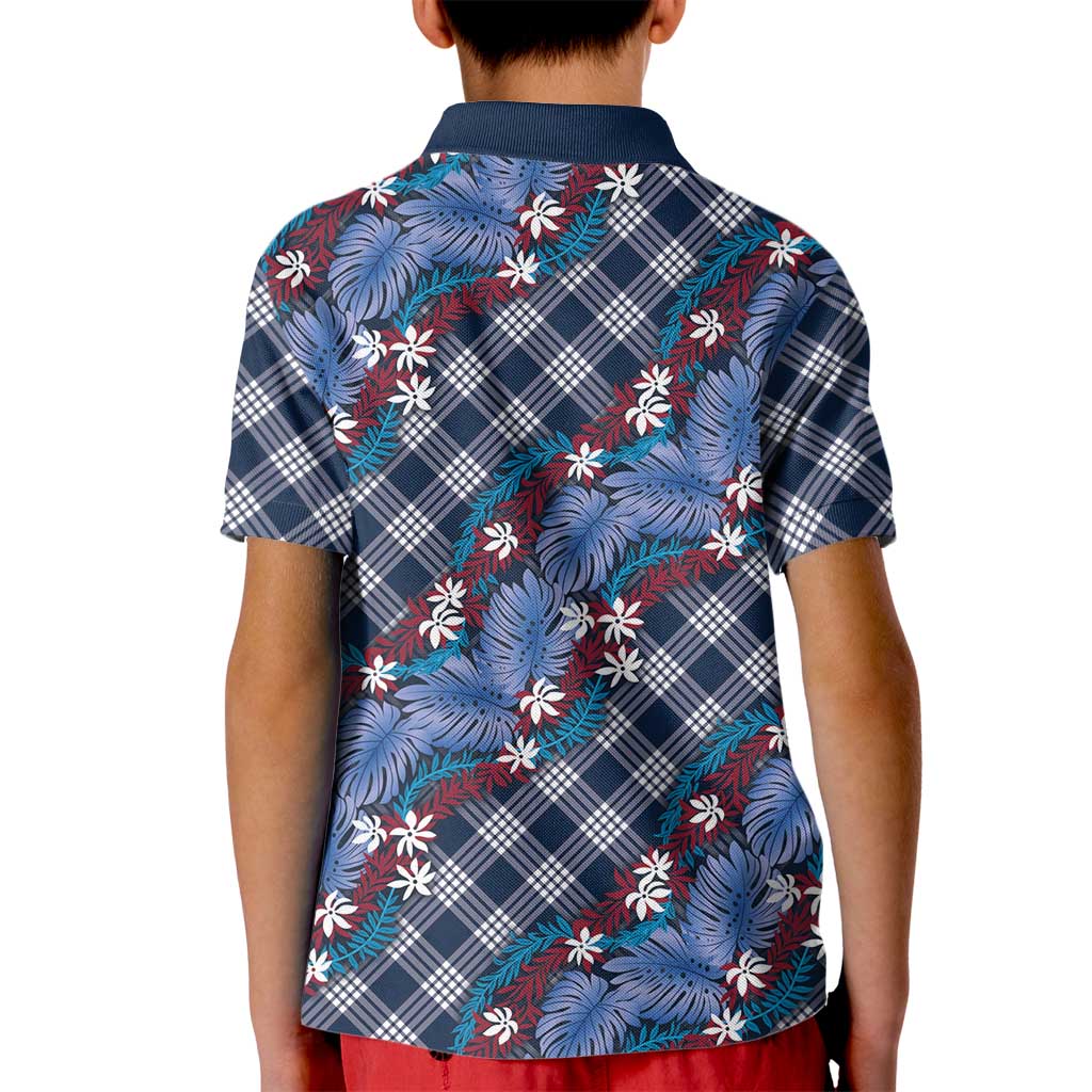Polynesian Monstera Tiare Floral Kid Polo Shirt Royal Blue Tropical Plaid - Polynesian Pride