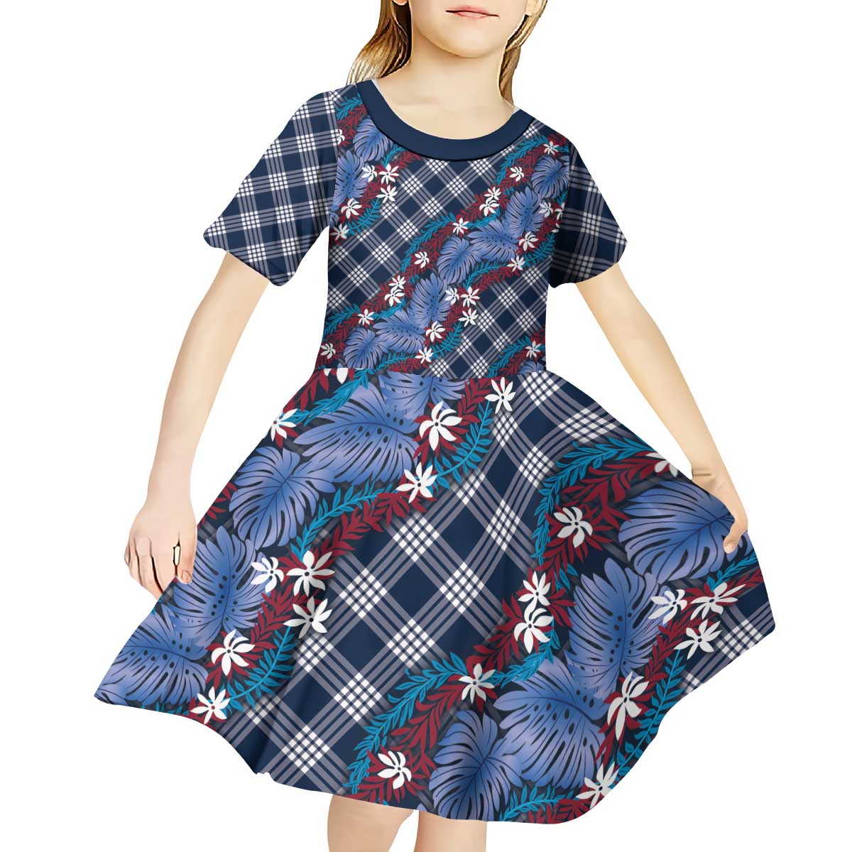 Polynesian Monstera Tiare Floral Kid Short Sleeve Dress Royal Blue Tropical Plaid - Polynesian Pride