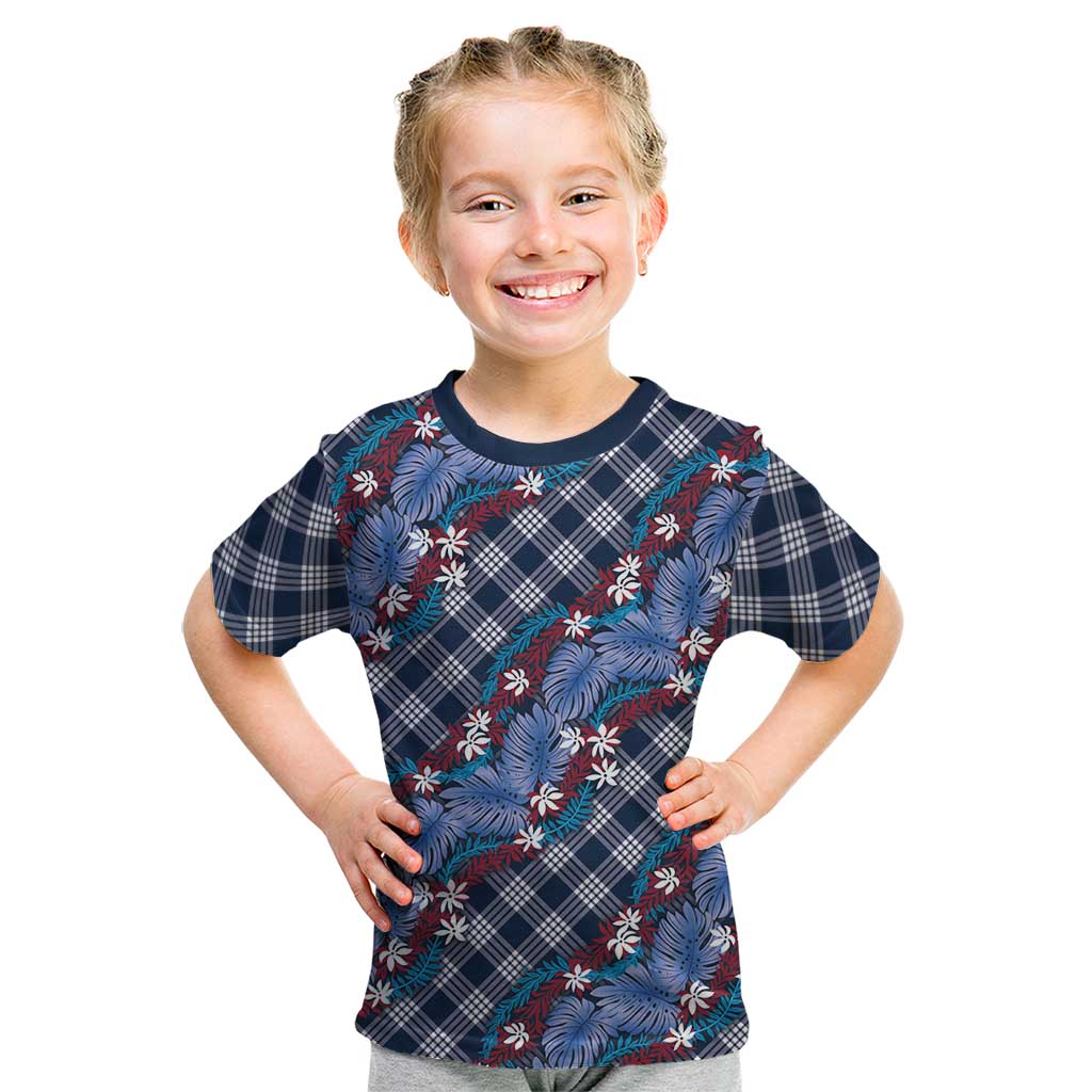 Polynesian Monstera Tiare Floral Kid T Shirt Royal Blue Tropical Plaid - Polynesian Pride