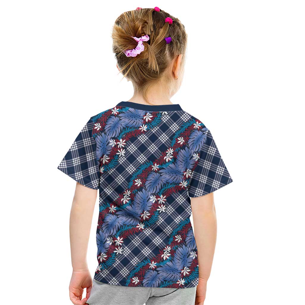 Polynesian Monstera Tiare Floral Kid T Shirt Royal Blue Tropical Plaid - Polynesian Pride