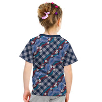 Polynesian Monstera Tiare Floral Kid T Shirt Royal Blue Tropical Plaid - Polynesian Pride