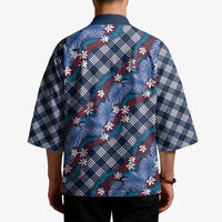 Polynesian Monstera Tiare Floral Kimono Royal Blue Tropical Plaid - Polynesian Pride