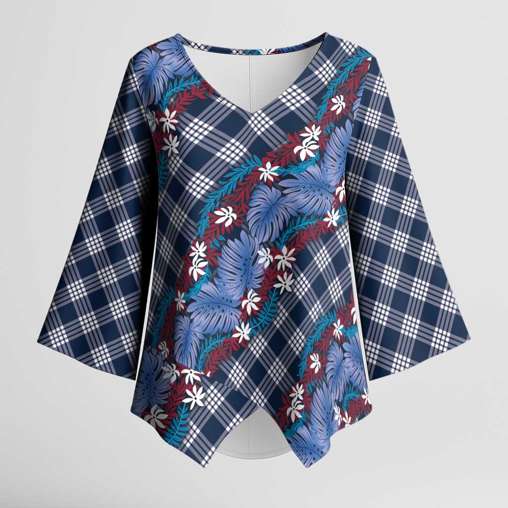 Polynesian Monstera Tiare Floral Kimono Sleeve Blouse Royal Blue Tropical Plaid - Polynesian Pride