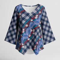 Polynesian Monstera Tiare Floral Kimono Sleeve Blouse Royal Blue Tropical Plaid - Polynesian Pride