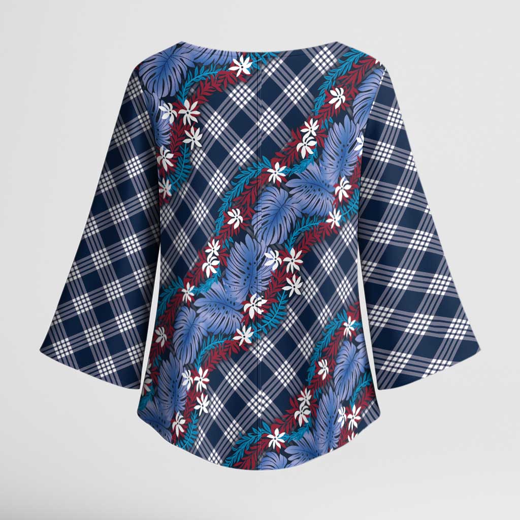 Polynesian Monstera Tiare Floral Kimono Sleeve Blouse Royal Blue Tropical Plaid - Polynesian Pride