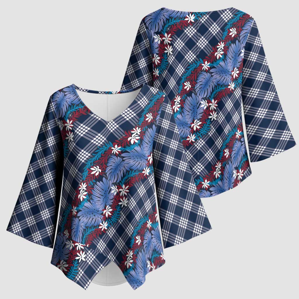 Polynesian Monstera Tiare Floral Kimono Sleeve Blouse Royal Blue Tropical Plaid - Polynesian Pride