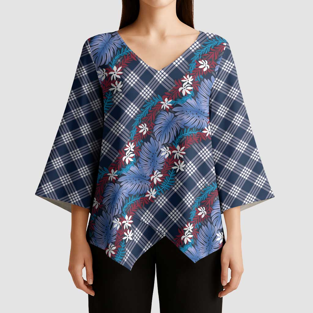 Polynesian Monstera Tiare Floral Kimono Sleeve Blouse Royal Blue Tropical Plaid - Polynesian Pride