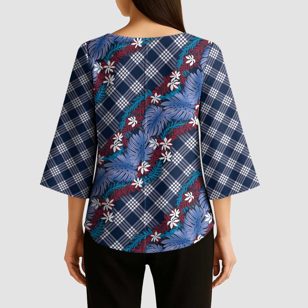 Polynesian Monstera Tiare Floral Kimono Sleeve Blouse Royal Blue Tropical Plaid - Polynesian Pride